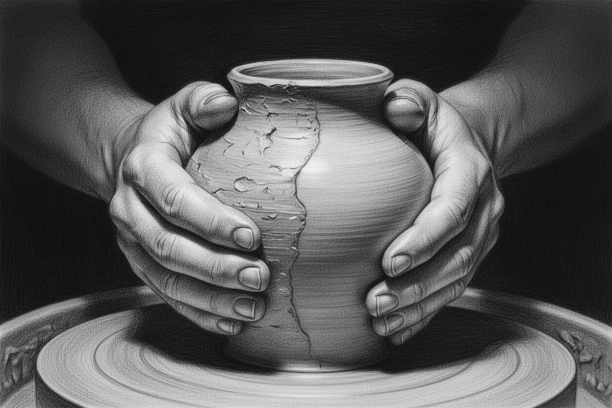 Black-and-white graphite drawing of a potter’s hands carefully shaping an unfinished clay vessel