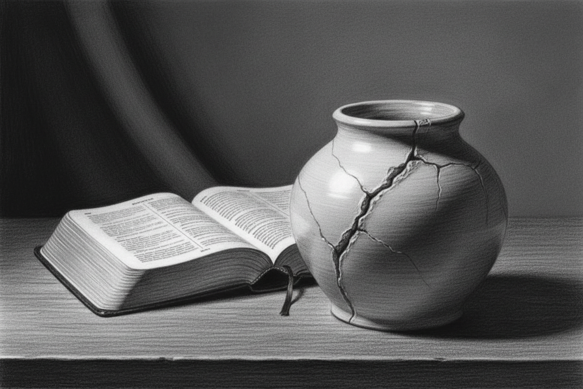 Black-and-white graphite drawing of a visibly repaired ceramic vessel beside an open Bible in gentle light