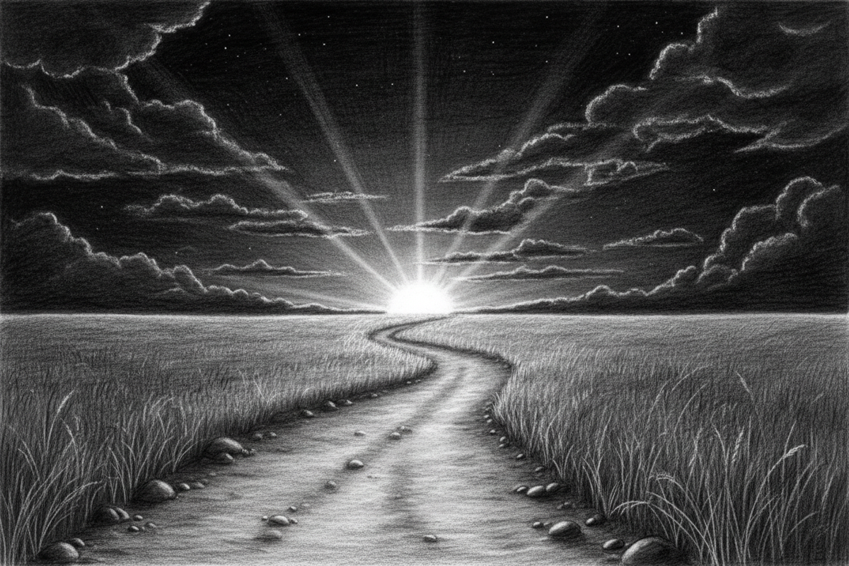 Black-and-white graphite drawing of an untouched path leading toward a radiant sunrise, symbolizing a new beginning with God