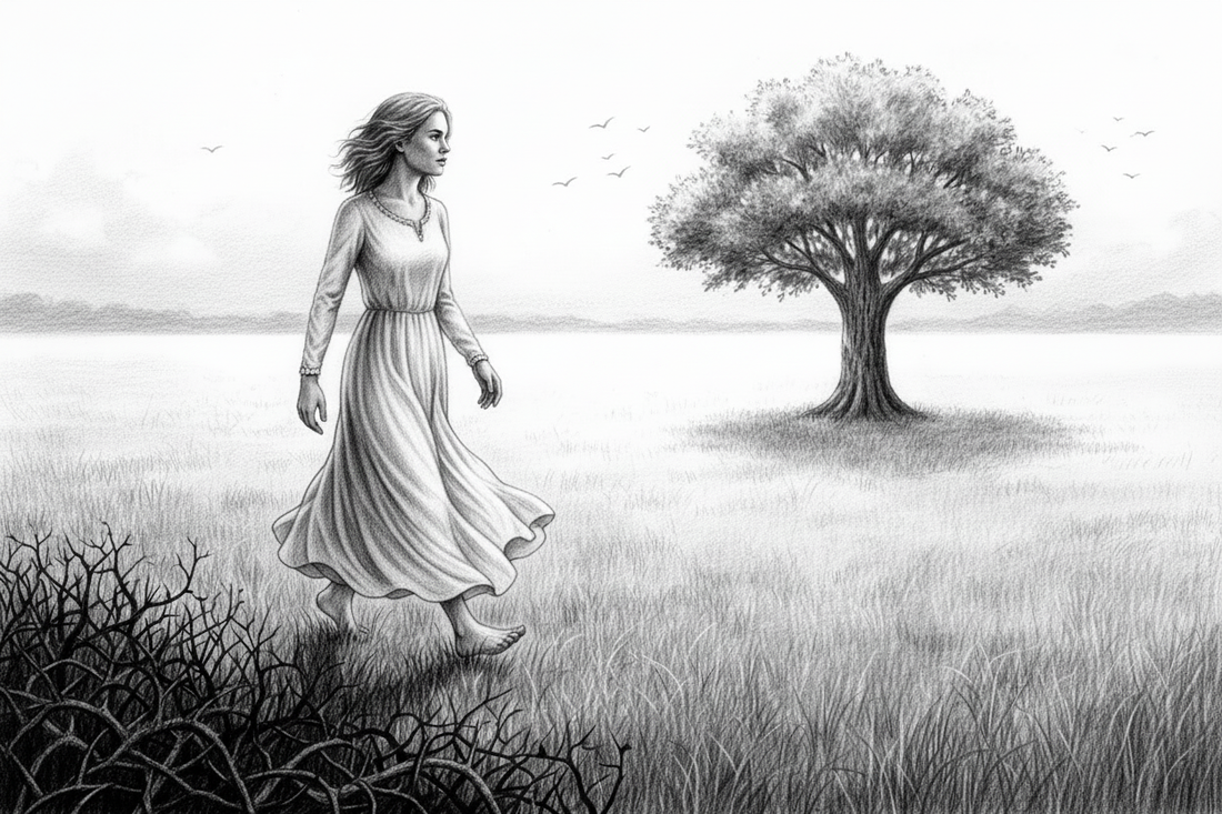 Black-and-white graphite drawing of a barefoot woman in a modest flowing dress walking away from thorny seedlings toward a healthy tree