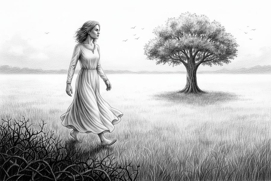 Black-and-white graphite drawing of a barefoot woman in a modest flowing dress walking away from thorny seedlings toward a healthy tree
