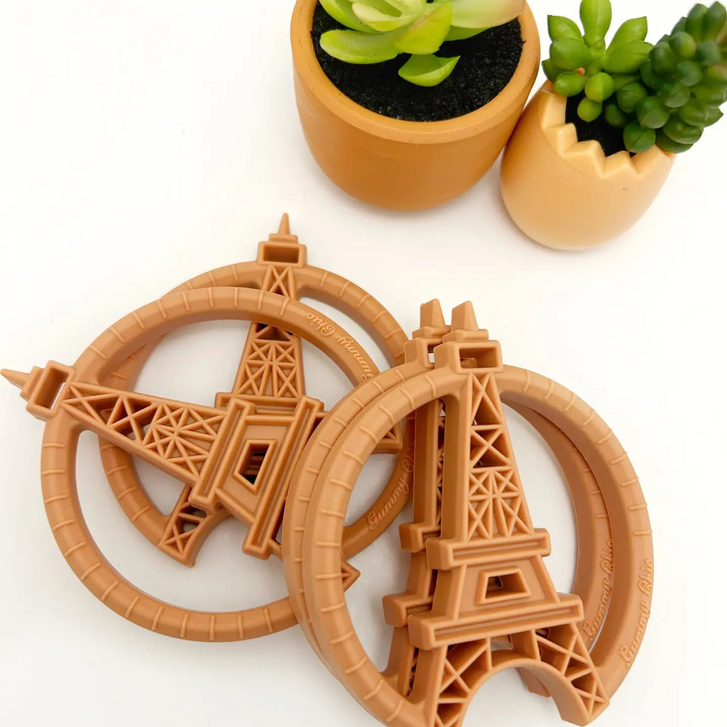 Vintage-inspired Paris Silicone Teething Toy with Dual Textures for Soothing Relief