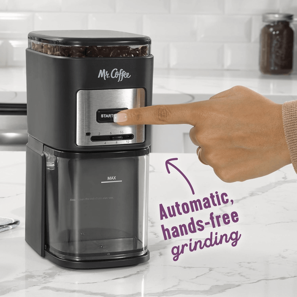 Mr. Coffee Burr Mill Large-Capacity Automatic Coffee Grinder with 12 Custom Grinders