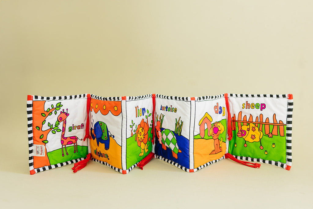 Soft Cloth Book of Animals and Cars in High Contrast Black White Red