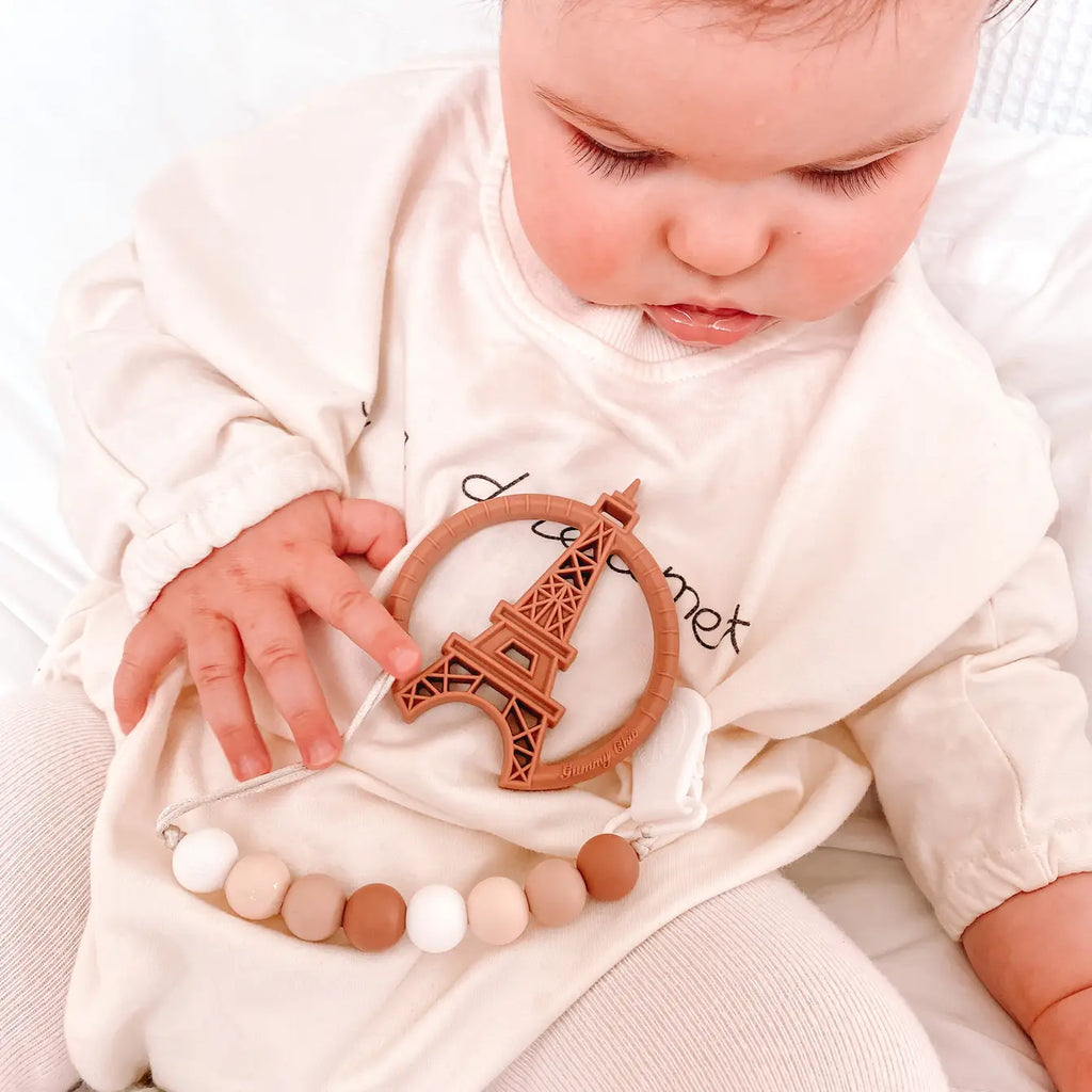 Vintage-inspired Paris Silicone Teething Toy with Dual Textures for Soothing Relief
