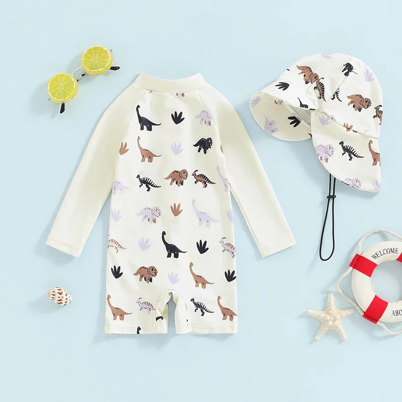 Baby Toddler Boy 2Pcs Swimwear Set Dinosaurs / Turtle / Whale Print Long Sleeve Swimsuit Sun Hat Bathing Suit Outfit Set