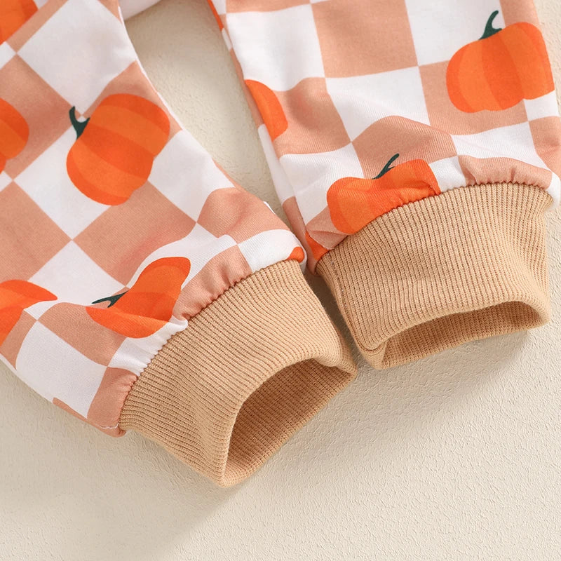 Baby Toddler Boys Girls 2Pcs Halloween Thanksgiving Outfit Checkered Pumpkin Print Long Sleeve Top and Long Pants Set