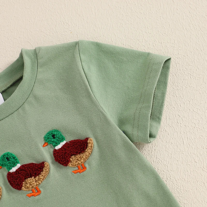 Baby Toddler Boys 2Pcs Outfit Summer Spring Duck Embroidery Short Sleeve T-Shirt Top and Elastic Waist Jogger Pants Set
