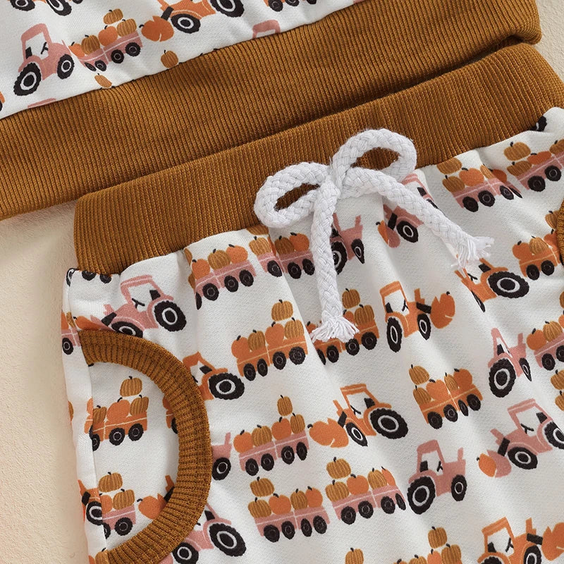 Baby Toddler Boys 2Pcs Halloween Outfit Pumpkin Trailer Tractor Print Long Sleeve Top and Long Pants Fall Set