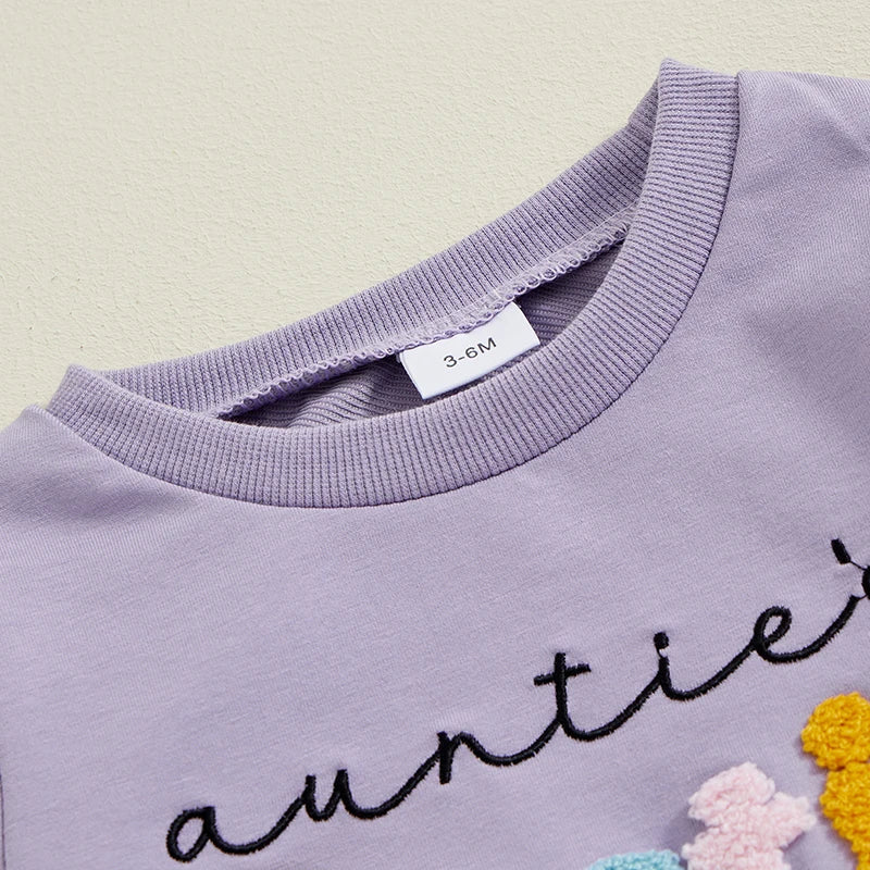 Baby Toddler Girls 2Pcs Auntie's Bestie Outfit Long Sleeve Crew Neck Embroidery Letter Top with Elastic Waist Pants Clothes Jogger Set