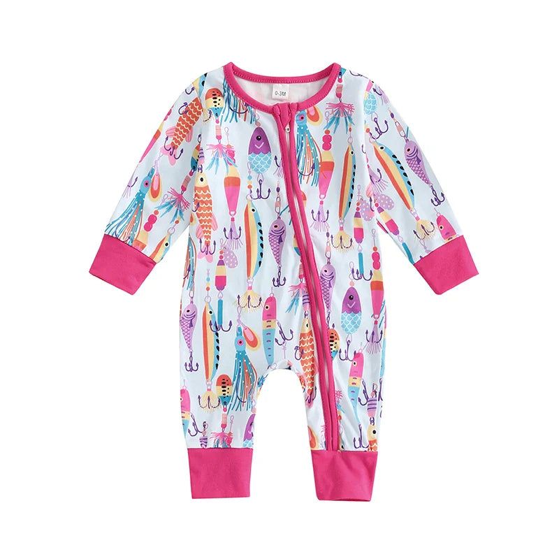 Baby Boys Girls Autumn Casual Romper Long Sleeve Crew Neck Fish Print Zipper Jumpsuit