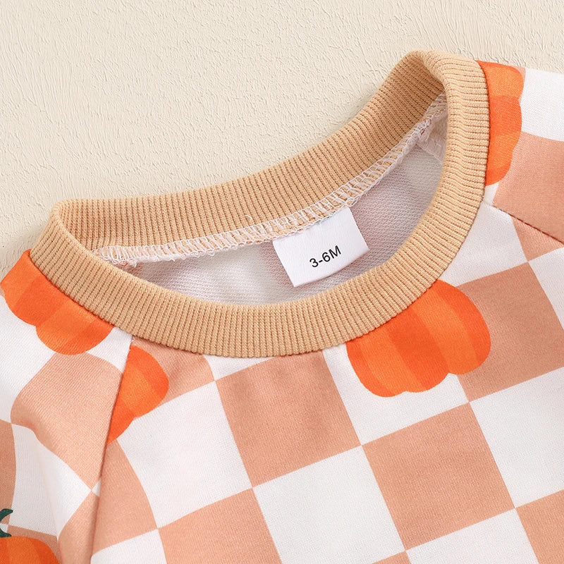 Baby Toddler Boys Girls 2Pcs Halloween Thanksgiving Outfit Checkered Pumpkin Print Long Sleeve Top and Long Pants Set
