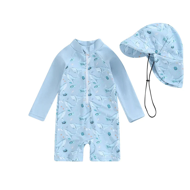Baby Toddler Boy 2Pcs Swimwear Set Dinosaurs / Turtle / Whale Print Long Sleeve Swimsuit Sun Hat Bathing Suit Outfit Set
