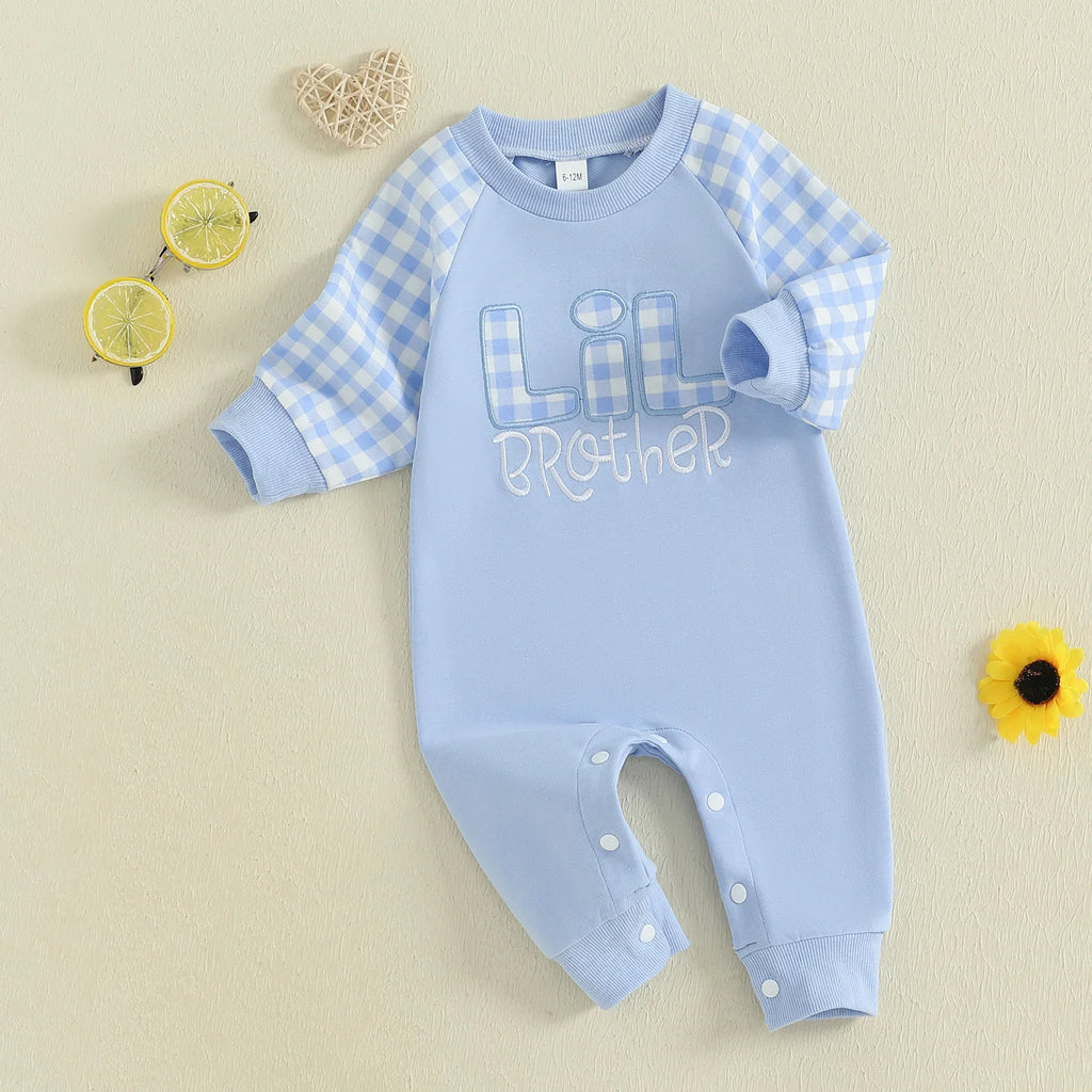 Baby Toddler Boy Lil Brother Fall Romper Plaid Print Letter Embroidery Long Sleeve Round Neck Full Length Jumpsuit