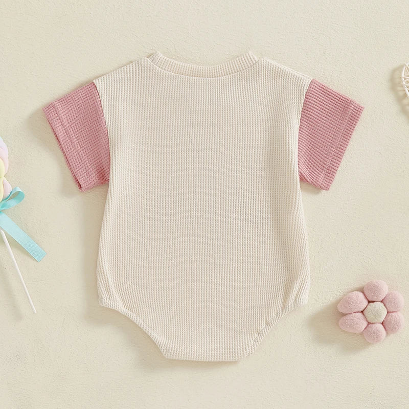 Baby Girl Auntie's Bestie Romper Contrast Color Letter Embroidery Waffle Crew Neck Short Sleeve Jumpsuit