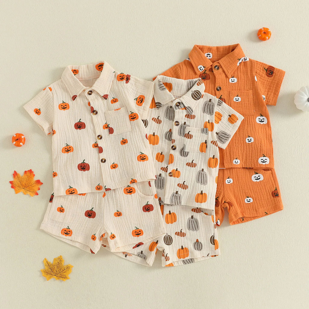 Baby Boys Halloween Outfits Pumpkin Print Button Short Sleeves T-Shirt and Elastic Shorts Set Clothes Set