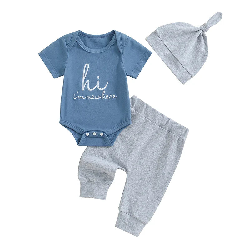 Baby Girl Boy 3Pcs Hi I'm New Here Outfit Letter Embroidery Short Sleeve Romper Elastic Waist Long Pants Hat Clothes Set