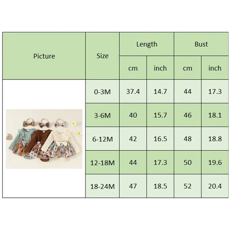 Baby Toddler Girls 2Pcs Fall Outfit Flower Print Ruffle Trim Long Sleeve Romper Dress Skirt Bow Headband Set