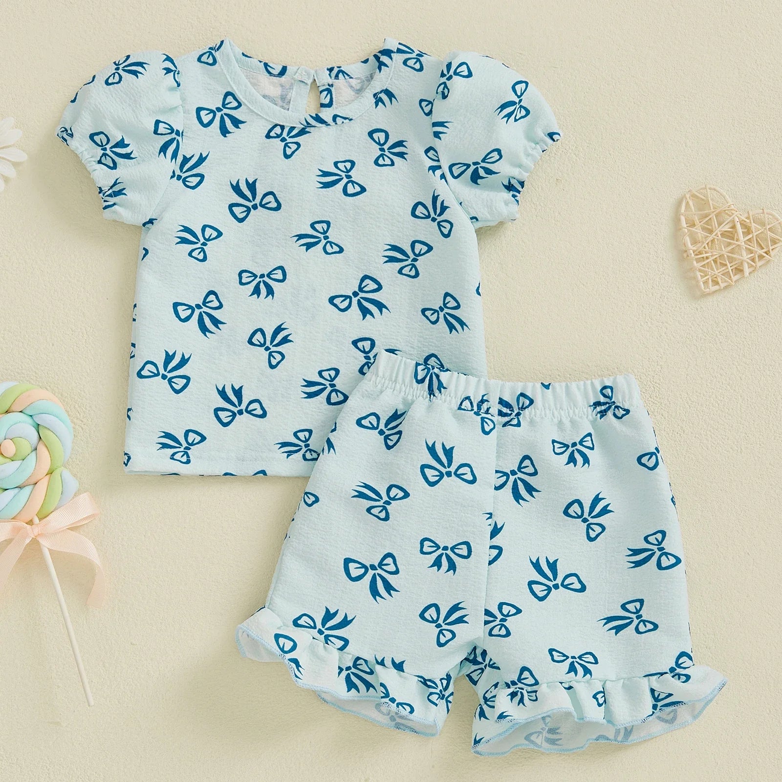 Baby Toddler Girls 2Pcs Summer Outfit Bow Pattern Crew Neck Short Sleeve T-Shirt Top with Ruffled Shorts Set