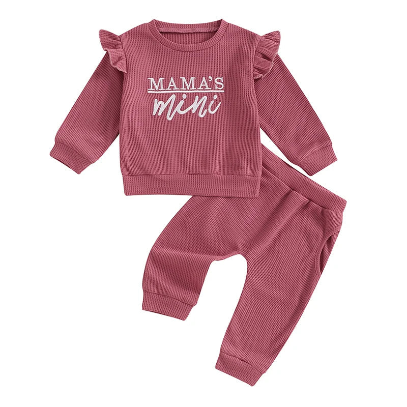 Baby Toddler Girls 2Pcs Set Mama's Mini Letter Embroidered Long Sleeve Ruffled Top Elastic Waist Pockets Long Pants Outfit