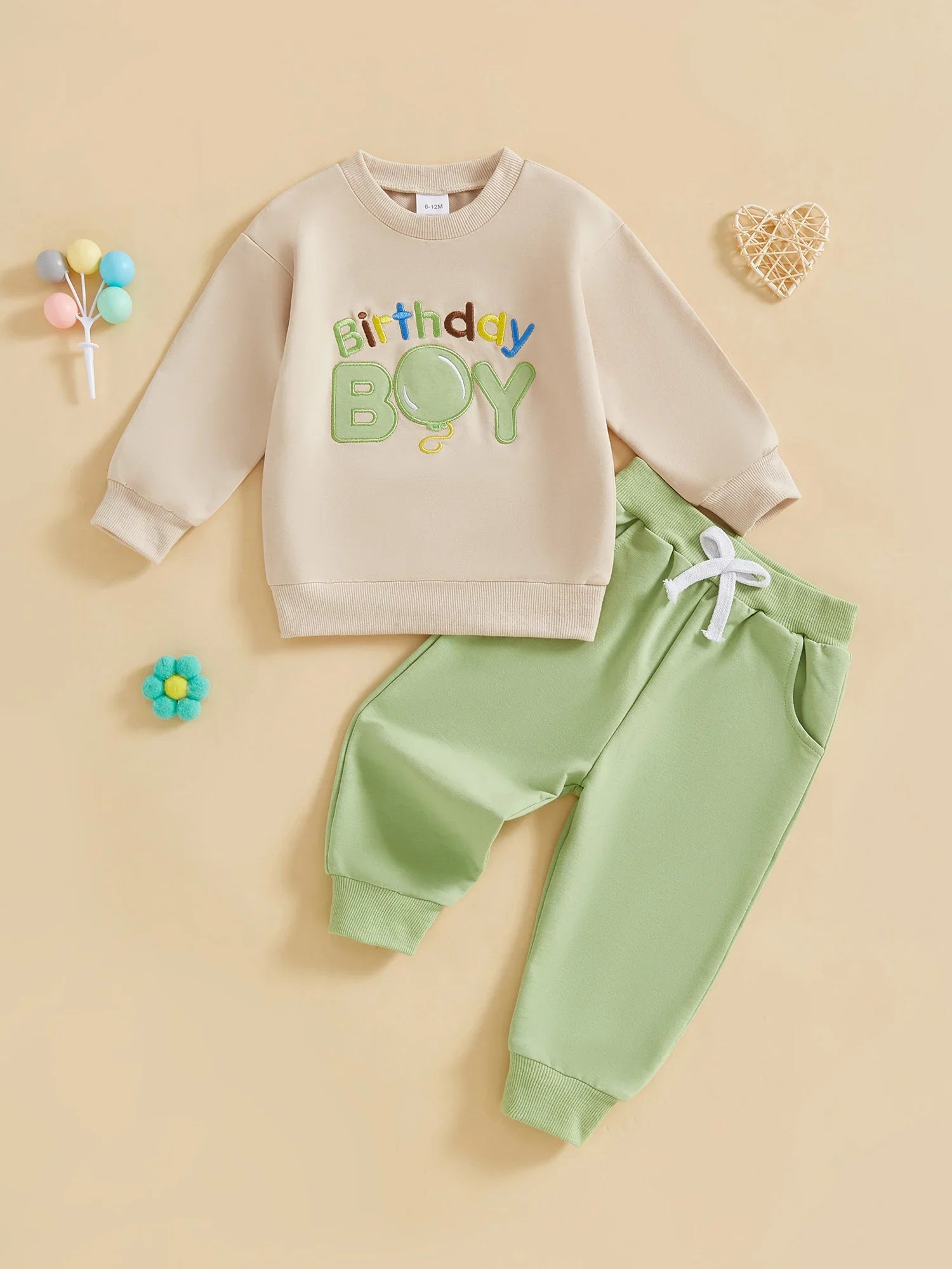 Baby Toddler Boy 2Pcs Birthday Boy Outfit Letter Ballon Embroidery Long Sleeve Pullover Crewneck Top Elastic Waist Solid Pants Jogger Set