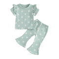 Toddler Kids Girl 2Pcs Summer Outfit Ruffle Short Sleeve Floral Flowers Print Top + Bell Bottom Pants Set Clothes