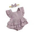 Baby Girls 2Pcs Romper Dress Solid Color Fly Sleeve Skirt Hem Tank Top Bodysuit Summer Clothes with Headband Set