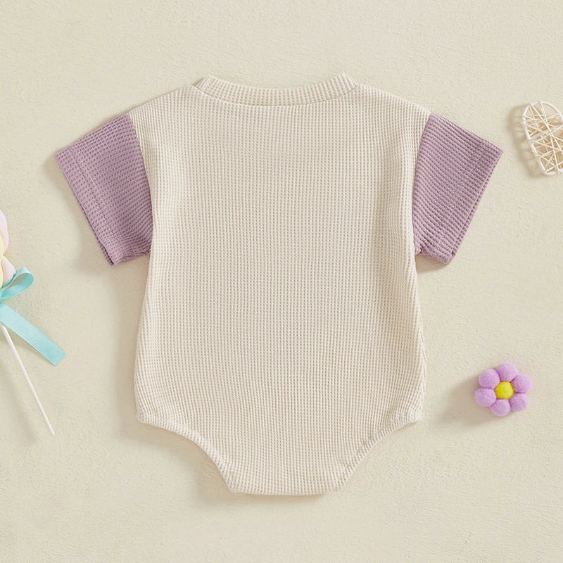 Baby Girl Auntie's Bestie Romper Contrast Color Letter Embroidery Waffle Crew Neck Short Sleeve Jumpsuit
