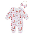 Baby Girl 2Pcs Fall Jumpsuit Ruffled Zip Up Boots Ribbons Print Long Sleeve Round Neck Zipper Romper Bow Headband Set