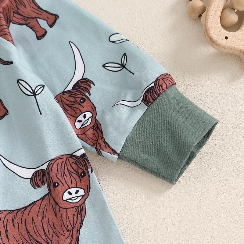 Baby Girls Boys Highland Cow Romper Print Long Sleeve Zipper Jumpsuit Fall Bodysuit