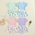Toddler Kids Girls 2Pcs Summer Outfit Mesh Flower Sleeve Ribbed Top Floral Checker Print Skirt Set