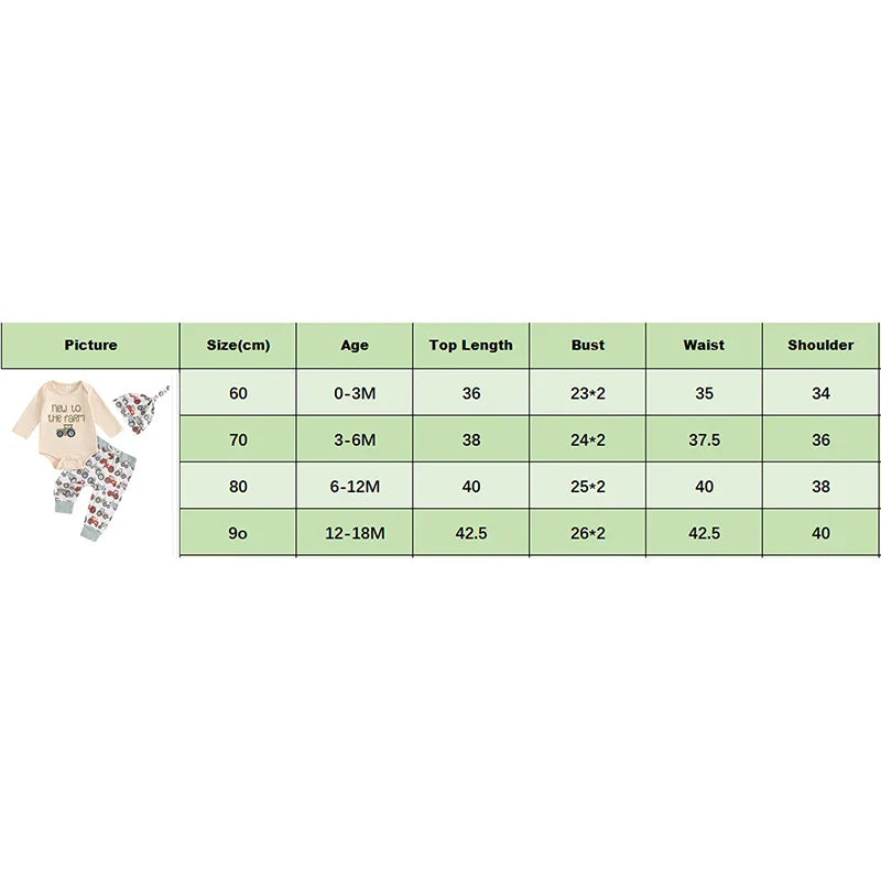 Baby Boys 3Pcs New To The Farm Long Sleeve O-Neck Embroidery Romper with Tractor Print Pants Hat Outfit Set