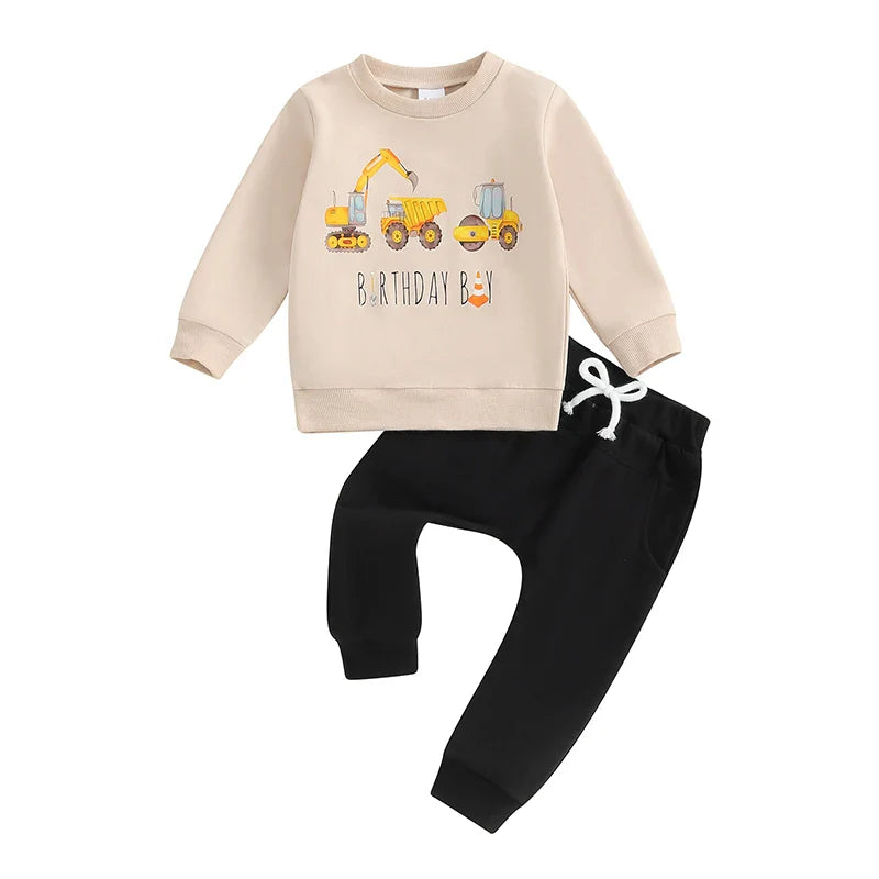 Baby Toddler Kids Boys 2Pcs Birthday Boy Outfit Excavator Tractor Print Long Sleeve Top Pants with Pockets Set