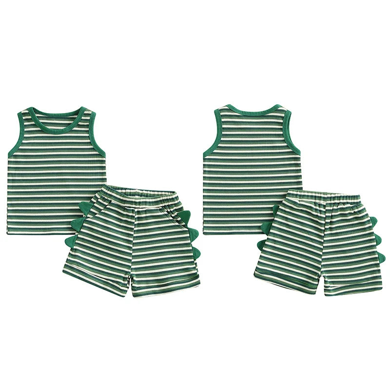 Baby Toddler Boys 2Pcs Striped Dinosaur Outfit O-Neck Sleeveless Tank Top Elastic Waist Shorts with Pockets Set
