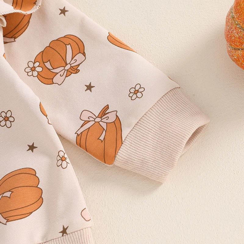 Baby Toddler Girl 2Pcs Halloween Outfit Pumpkin Print Long Sleeve Top with Elastic Waist Pants Set
