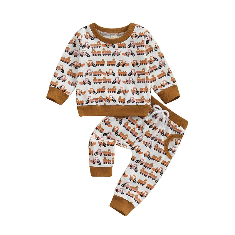 Baby Toddler Boys 2Pcs Halloween Outfit Pumpkin Trailer Tractor Print Long Sleeve Top and Long Pants Fall Set
