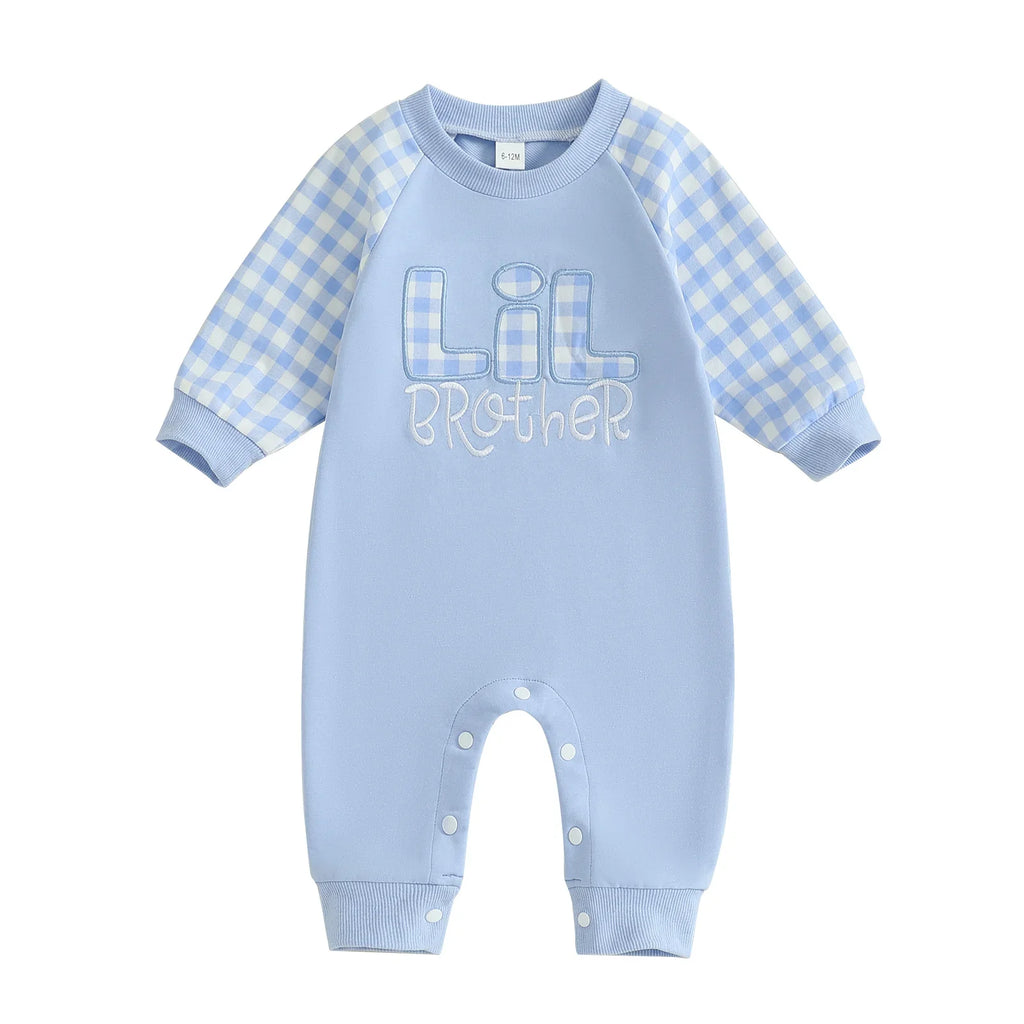 Baby Toddler Boy Lil Brother Fall Romper Plaid Print Letter Embroidery Long Sleeve Round Neck Full Length Jumpsuit
