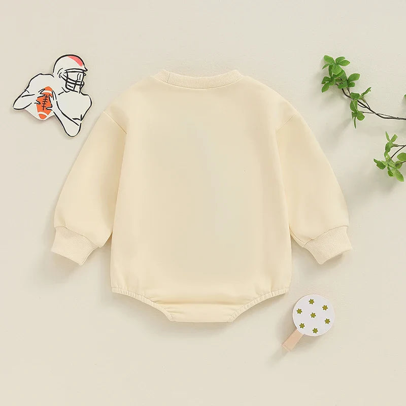 Baby Boys Girls Game Day Fall Bodysuit Letter Football Embroidery Long Sleeve Round Neck Jumpsuit Romper