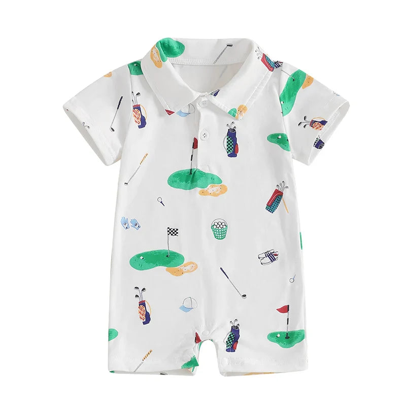 Baby Boy Girl Golf Romper Half Button-up Lapel Neck Short Sleeve Jumpsuit Summer Clothes