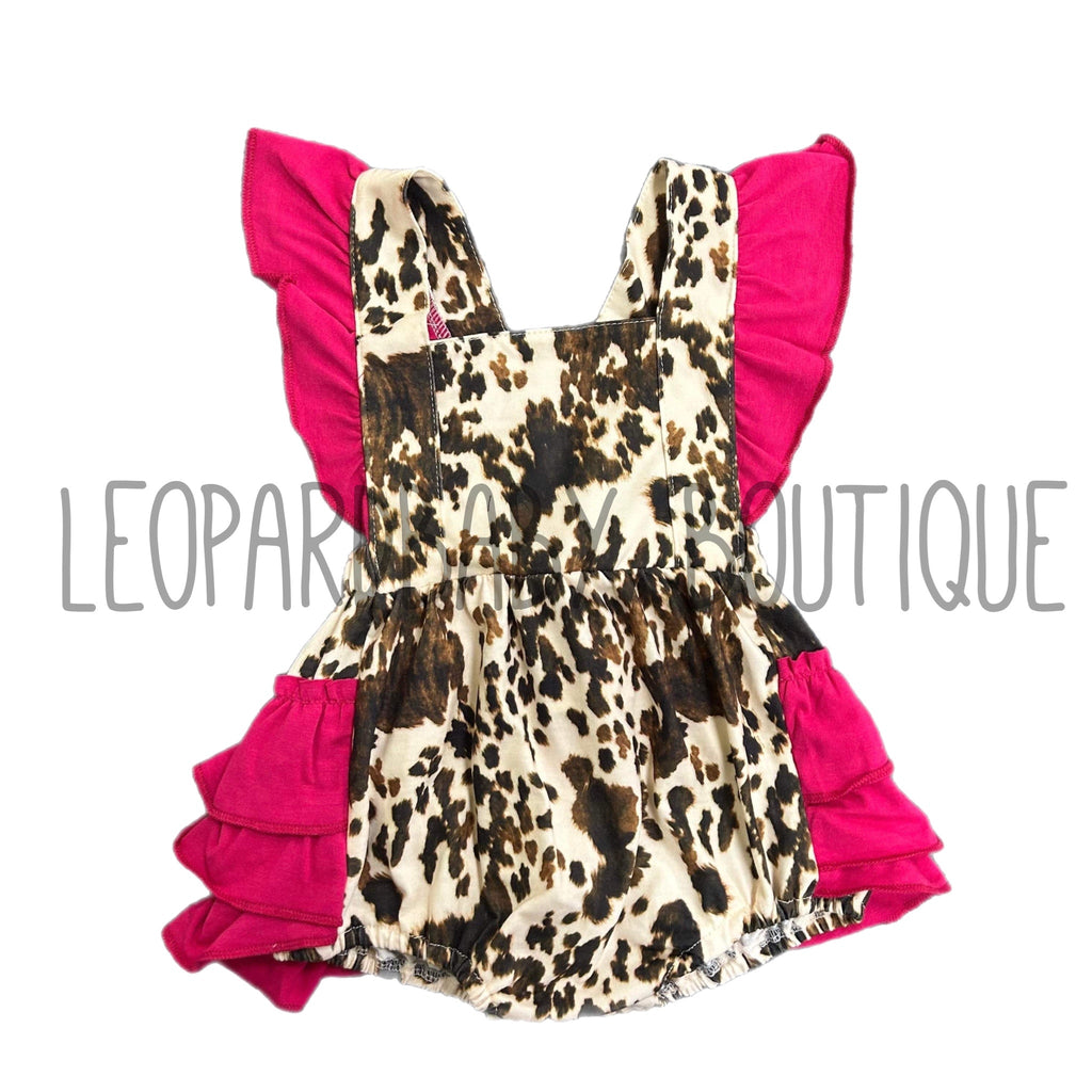 Brown cow & pink ruffle Romper