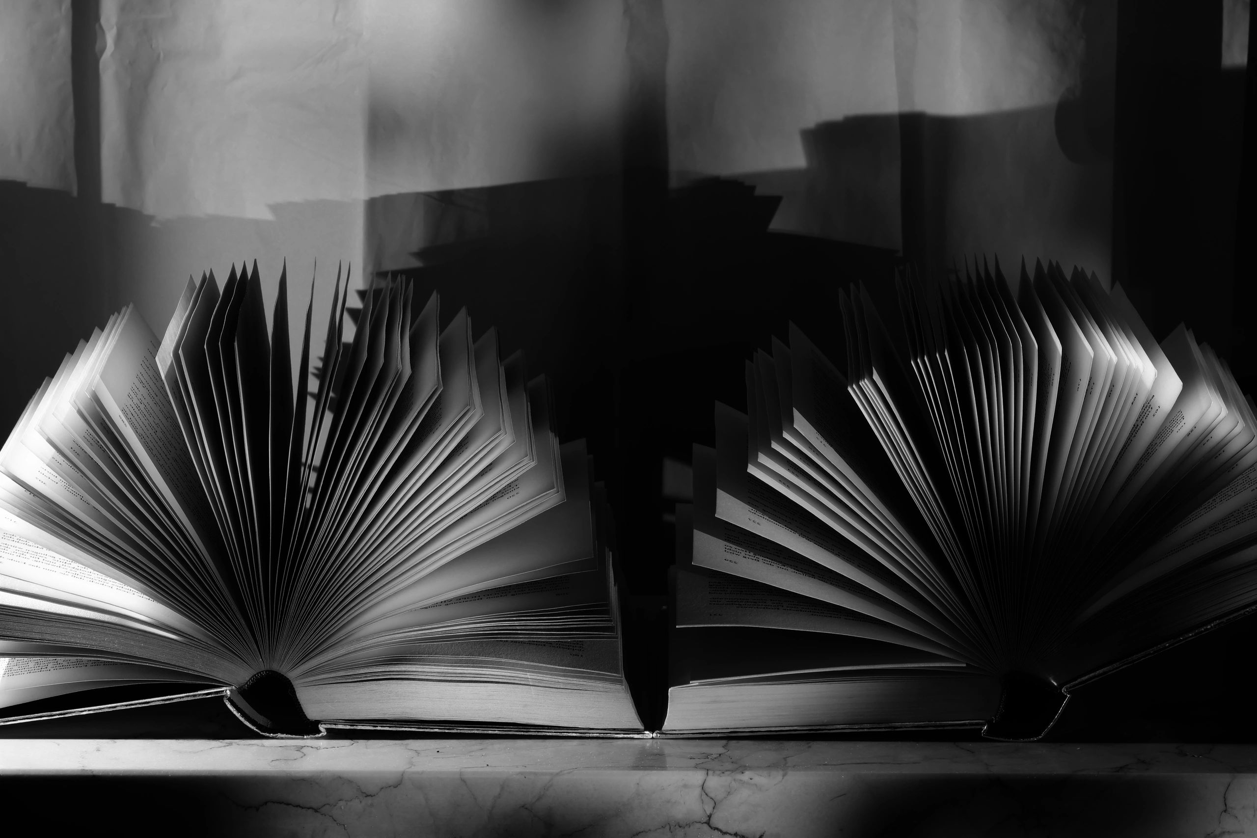 Open books still life in black and white